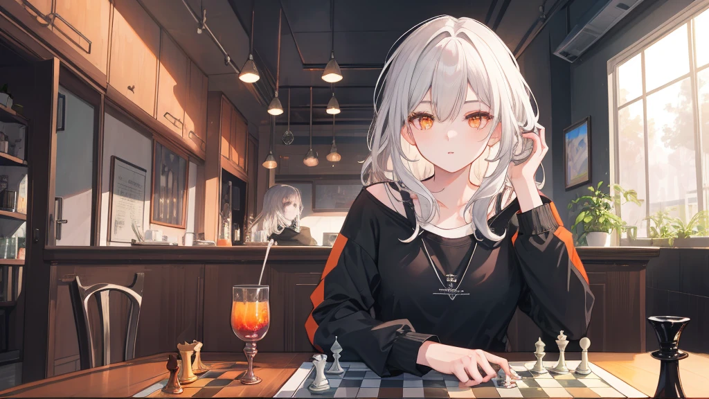 1girl, white hair, vibrant orange eyes, casual wear, playing chess, chessboard, casual background, beautiful eyes, beautiful hair, masterpiece, 4k, hd, detailed, detailed face,