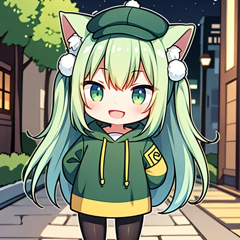 A girl with short yellow-green hair, around middle school age.。Wearing a green hoodie, shorts and black tights。wearing a cute little hat、Cat ears are popping out。draw the face in the middle。smile。eyes are open。Draw the head so it doesn&#39;t protrude above...