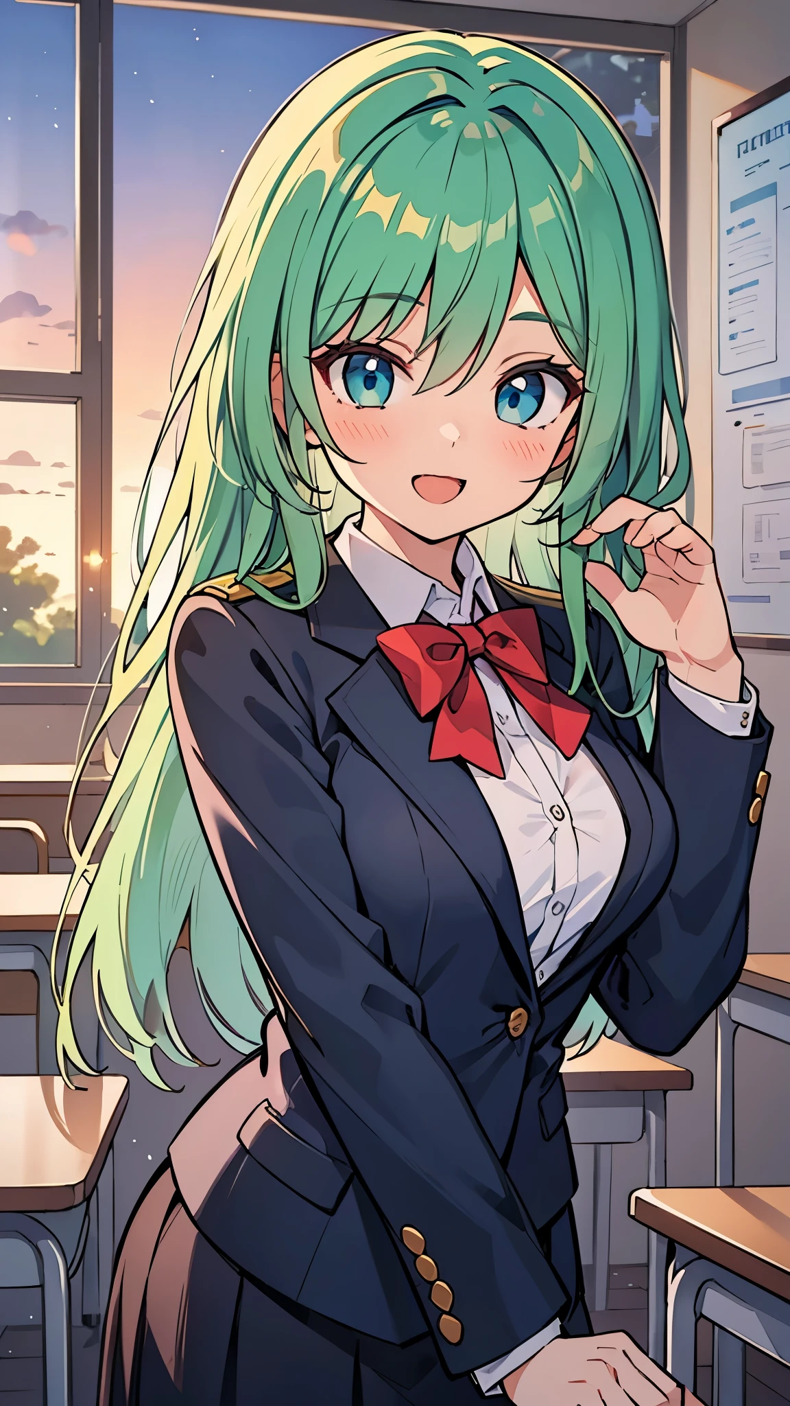 ((Pretty High School girl with green hair and blue eyes)), ((wearing black blazer uniform)), red ribbon,  face, ((master piece, top-quality, ultra-definition, high resolution)), anime girl, ((ultra-detailed illust:1.2)), only one person, bangs, hair between eye, beautiful hair, Beautiful eyes, Medium breasts, Big smile, opened mouth, in the classroom, at dusk, sunset