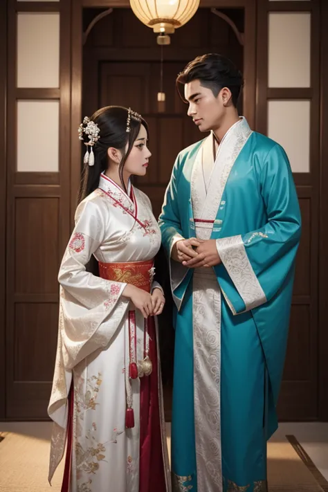 the couple is dressed in traditional song dynasty attire (trajes de casamento antigos), he looks like chinese male star hugh, es...