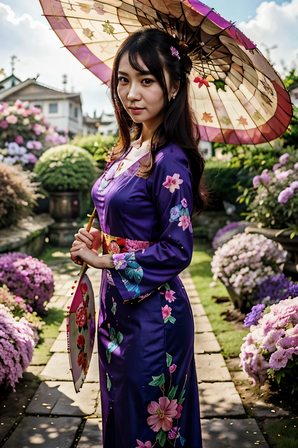 Eine Frau in einem blumigen lila Kleid, die einen Regenschirm in einem Garten hält, mädchen im ao dai, süße Anime-Waifu in einem schönen Kleid, schöne asiatische Frau, Stehen mit einem Sonnenschirm, Anime-Bild einer jungen Frau, schöne Anime-Frau