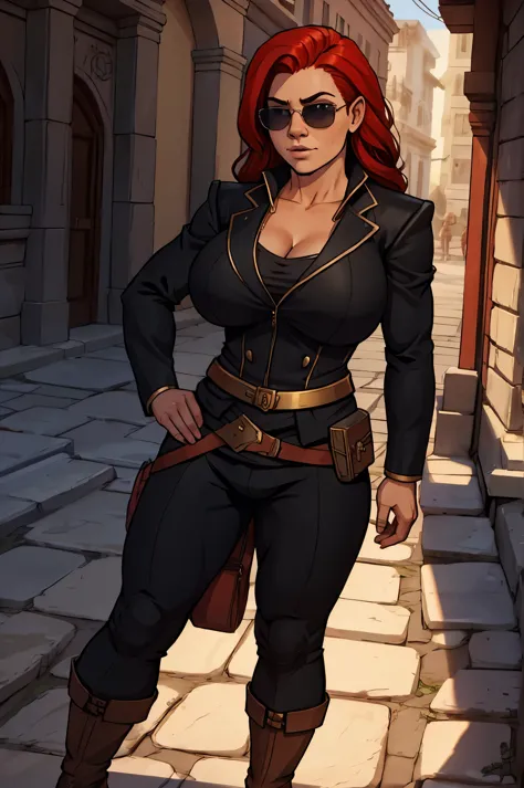Busty redheaded dwarven female with a black governmental suit and aviators