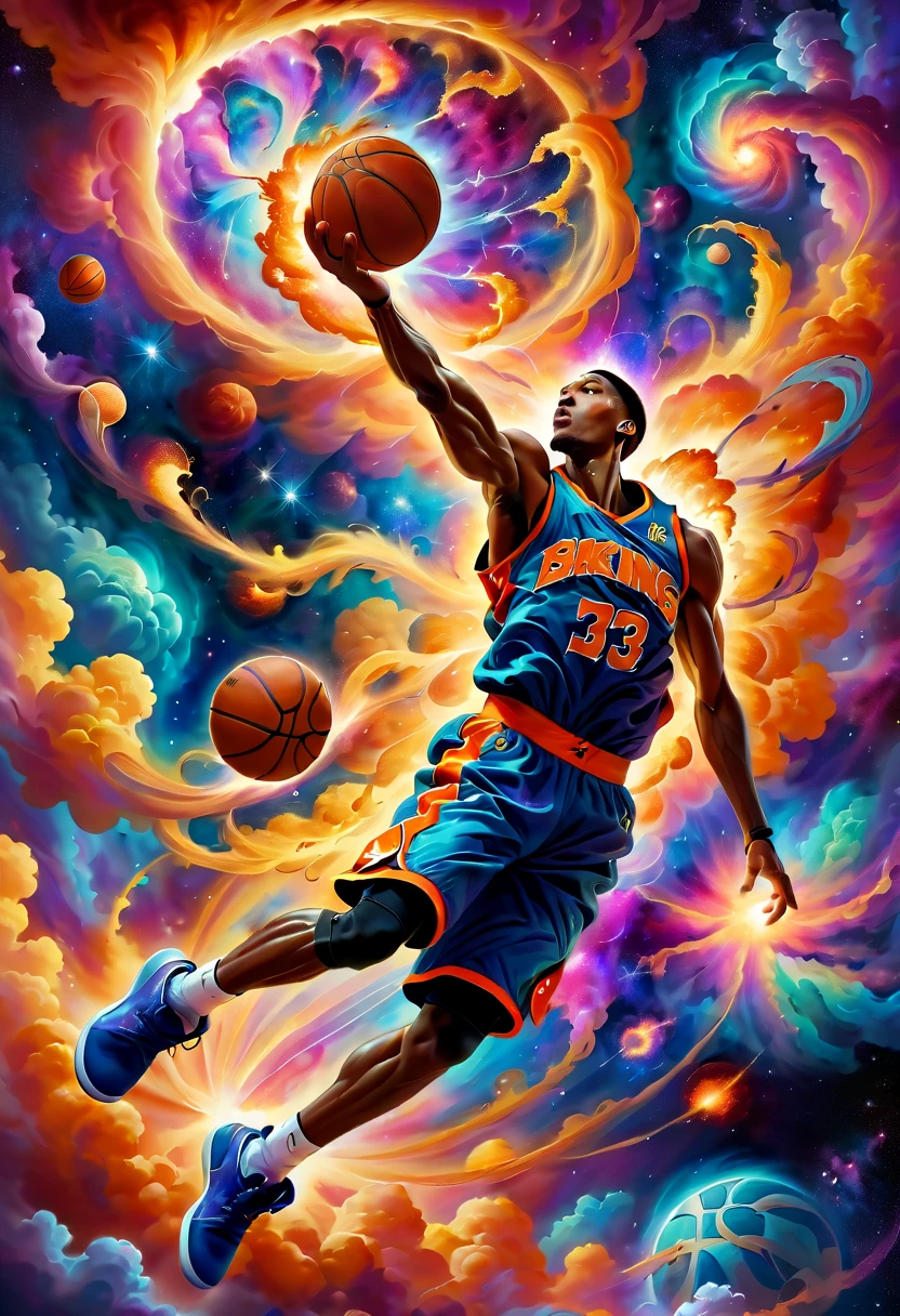 Crie uma pintura a óleo expressiva retratando um jogador de basquete mergulhando, retratado como uma explosão de uma nebulosa. O jogador de basquete deve ser capturado em uma pose dinâmica e poderosa, meio enterrada, com o corpo e o movimento fundindo-se perfeitamente nas nuvens cósmicas vibrantes e coloridas de uma nebulosa. A cena geral deve transmitir uma sensação de energia, movimento, e grandeza, à medida que o ato de mergulhar é artisticamente transformado em um evento cósmico espetacular. A pintura deve usar cores vivas e pinceladas dramáticas para enfatizar a natureza explosiva e celestial da cena..