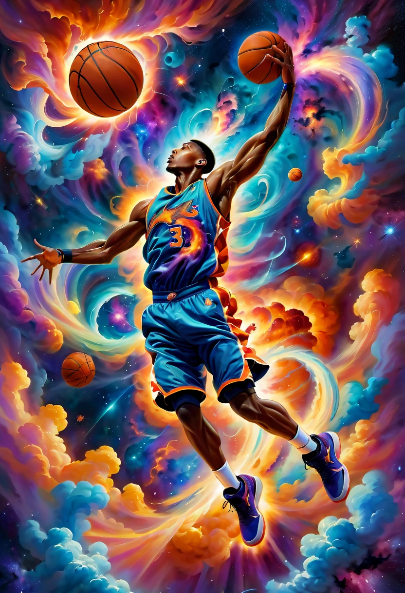 Crie uma pintura a óleo expressiva retratando um jogador de basquete mergulhando, retratado como uma explosão de uma nebulosa. O jogador de basquete deve ser capturado em uma pose dinâmica e poderosa, meio enterrada, com o corpo e o movimento fundindo-se perfeitamente nas nuvens cósmicas vibrantes e coloridas de uma nebulosa. A cena geral deve transmitir uma sensação de energia, movimento, e grandeza, à medida que o ato de mergulhar é artisticamente transformado em um evento cósmico espetacular. A pintura deve usar cores vivas e pinceladas dramáticas para enfatizar a natureza explosiva e celestial da cena..