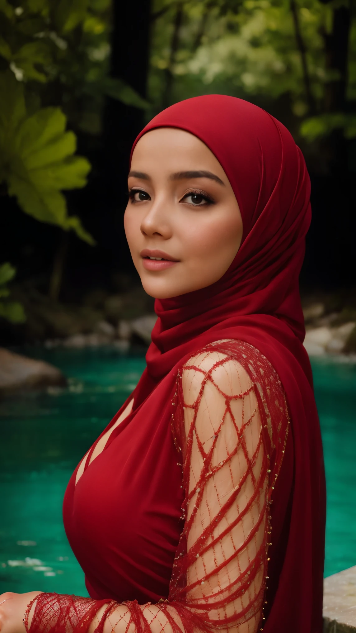 retrato de cerca de una hermosa mujer con hijab bañándose en un río, Vestido de red roja, pecho grande, mostrando un gran escote, ya, (Iluminar desde el fondo), Realista, obra maestra, alta calidad, reflejo de la lente, sombra, flor, [[aberración cromática]], por Jeremy Lipking, by Antonio J. Manzanedo, pintura digital,