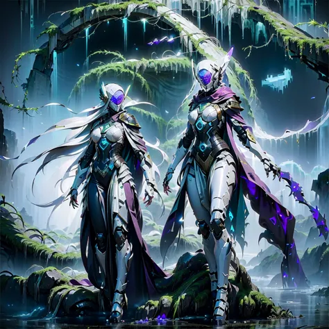 cyberfusion, ((female paladin robot cyborg)) white armor, white metal mask, purple cloak, in ancient stone ruins, full body, ful...