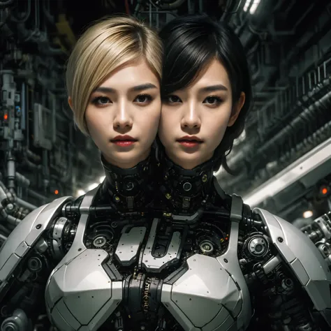 best resolution, 2heads, korean cyborg woman with two heads, pixie cut, ponytail, blonde hair, black hair, mechanical background
