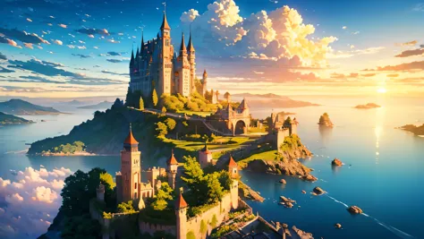 surreal castle floating in the sky over the sea, romantic and nostalgic. Golden hour