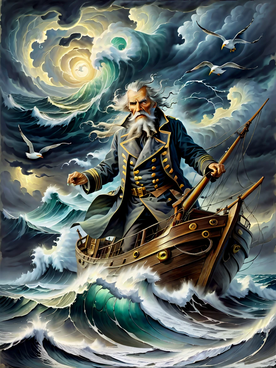 A detailed oil painting of an old sea captain, steering his ship through a storm. Saltwater is splashing against his weathered face, determination in his eyes. Twirling malevolent clouds are seen above and stern waves threaten to submerge the ship while seagulls dive and twirl through the chaotic landscape. Thunder and lights embark in the distance, illuminating the scene with an eerie green glow.