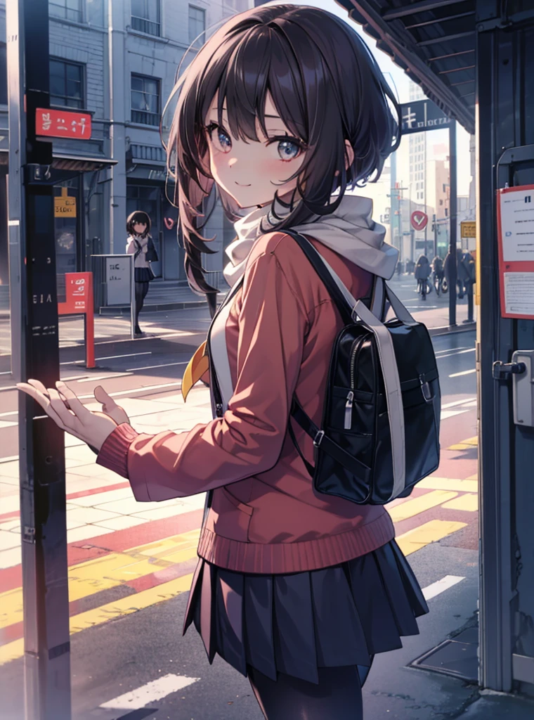 1 girl, alone, black hair,short hair,red eyes, looking at the viewer, blush,smile, , heart   1 girl, T-back, Megumin,  school uniform,Black sailor suit,white scarf,Red cardigan,Black pleated skirt,Gray pantyhose,Schoolback,city,walking,Coming to school,(masterpiece:1.2), highest quality, High resolution, unity 8k wallpaper, (figure:0.8), (beautiful and fine eyes:1.6), highly detailed face, perfect lighting, Very detailed CG, (perfect hands, perfect anatomy),