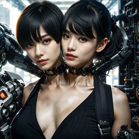 best resolution, 2heads, korean cyborg woman with two heads, pixie cut, ponytail, blonde hair, black hair, mechanical background