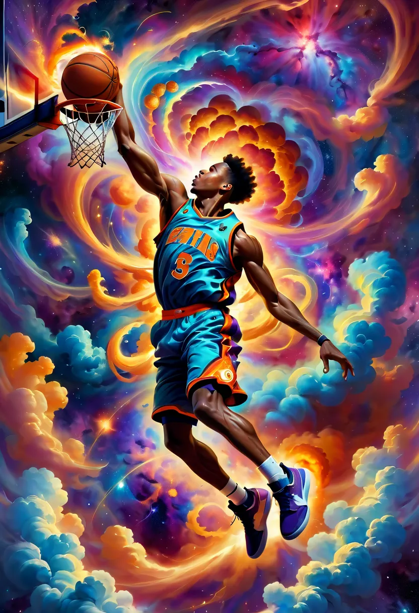 (hoop:1.5), Create an expressive oil painting depicting a basketball player dunking, portrayed as an explosion of a nebula. The ...