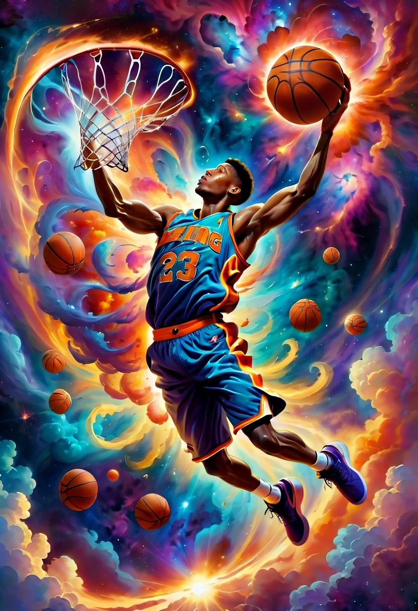 (hoop:1.5), Create an expressive oil painting depicting a basketball player dunking, portrayed as an explosion of a nebula. The basketball player should be captured in a dynamic and powerful pose, mid-dunk, with the body and movement seamlessly blending into the vibrant and colorful cosmic clouds of a nebula. The overall scene should convey a sense of energy, motion, and grandeur, as the act of dunking is artistically transformed into a spectacular cosmic event. The painting should use vivid colors and dramatic brushstrokes to emphasize the explosive and celestial nature of the scene.