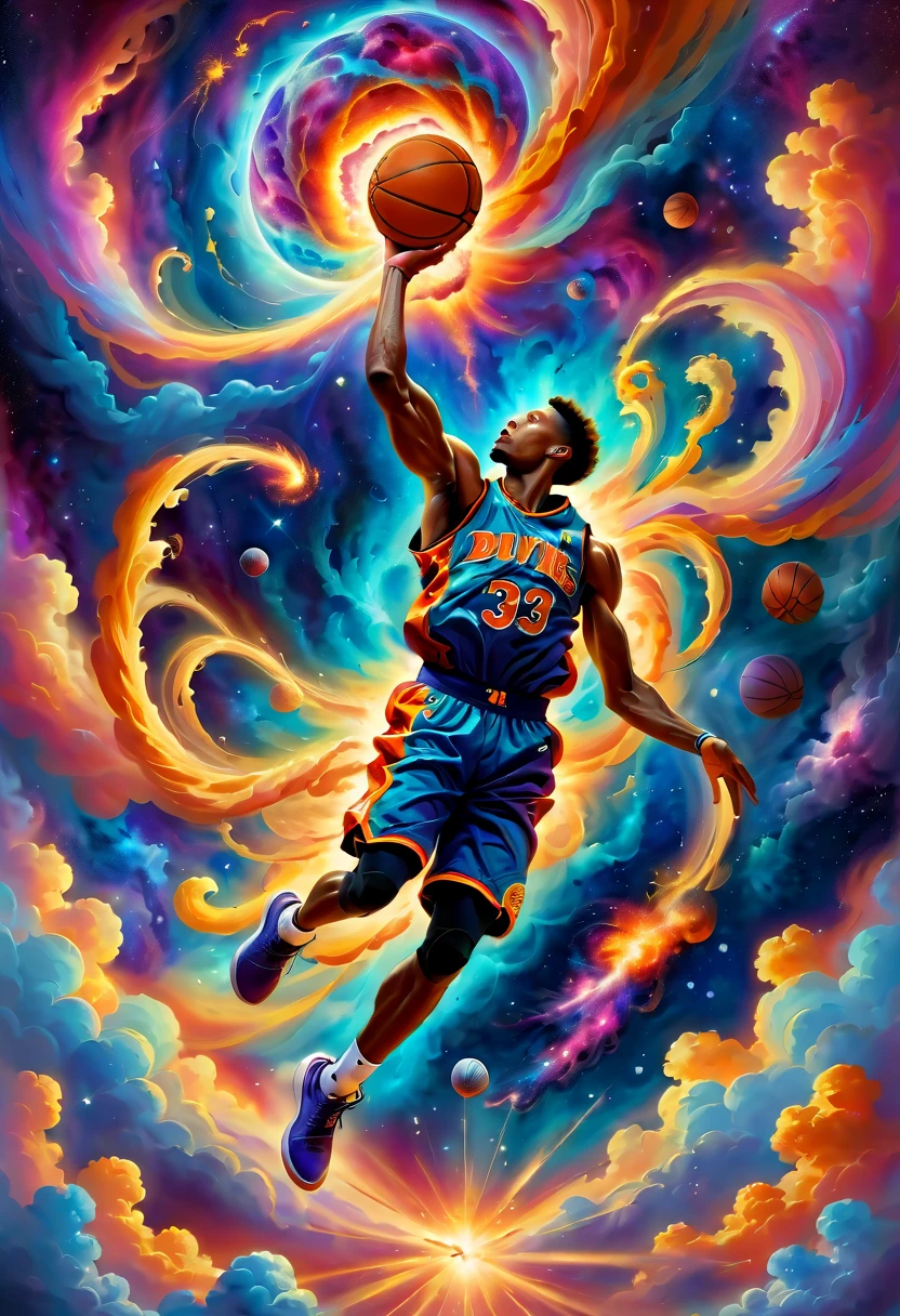 (aro:1.5), Crie uma pintura a óleo expressiva retratando um jogador de basquete mergulhando, retratado como uma explosão de uma nebulosa. O jogador de basquete deve ser capturado em uma pose dinâmica e poderosa, meio enterrada, com o corpo e o movimento fundindo-se perfeitamente nas nuvens cósmicas vibrantes e coloridas de uma nebulosa. A cena geral deve transmitir uma sensação de energia, movimento, e grandeza, à medida que o ato de mergulhar é artisticamente transformado em um evento cósmico espetacular. A pintura deve usar cores vivas e pinceladas dramáticas para enfatizar a natureza explosiva e celestial da cena..