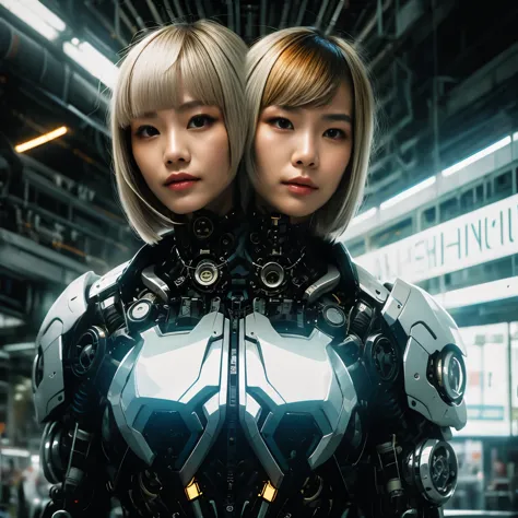 best resolution, 2heads, asian cyborg woman with two heads, pixie cut, ponytail, blonde hair, futuristic jacket, mechanical background