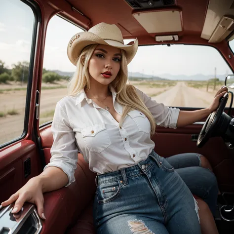 Bleach blonde hair cowgirl, curvy, large red lips, long eyelashes, in a pickup truck, cowboy hat, tight jeans, button down shirt