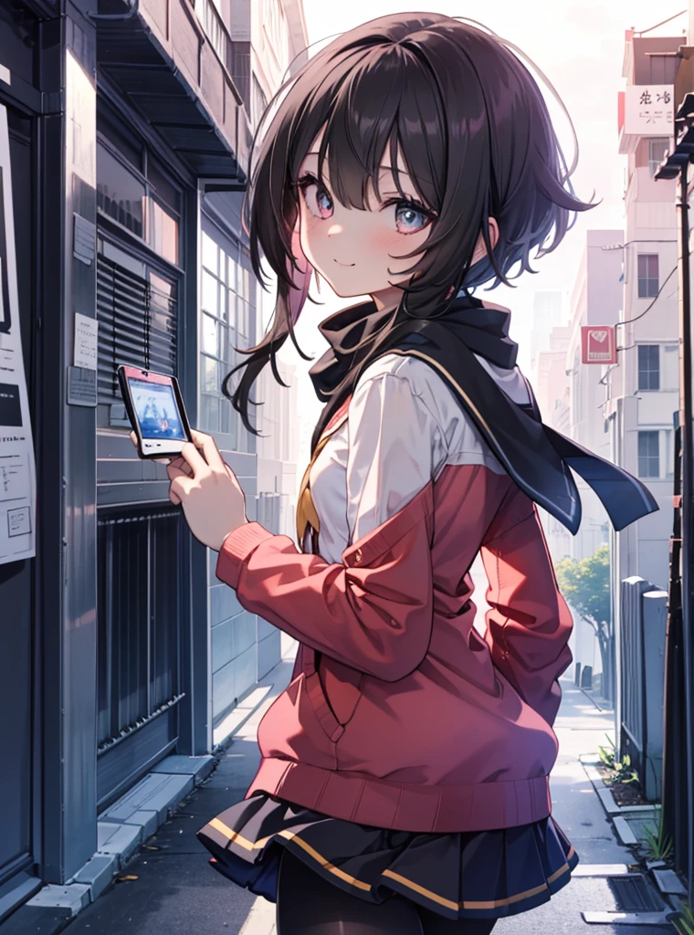 1 girl, alone, black hair,short hair,red eyes, looking at the viewer, blush,smile, , heart   1 girl, T-back, Megumin,  school uniform,Black sailor suit,white collar scarf,pink coat(The front is empty),Red cardigan,Black pleated skirt,Gray pantyhose,Schoolback,city,walking,Coming to school,(masterpiece:1.2), highest quality, High resolution, unity 8k wallpaper, (figure:0.8), (beautiful and fine eyes:1.6), highly detailed face, perfect lighting, Very detailed CG, (perfect hands, perfect anatomy),