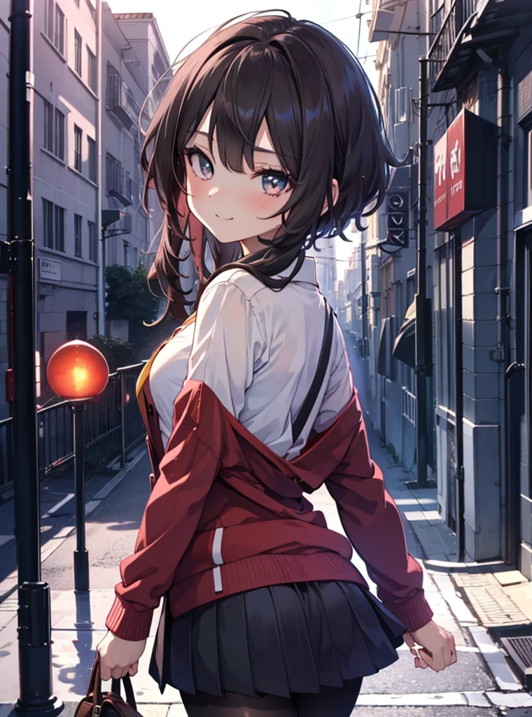 1 girl, alone, black hair,short hair,red eyes, looking at the viewer, blush,smile, , heart   1 girl, T-back, Megumin,  school uniform,Black sailor suit,Red cardigan,Black pleated skirt,Gray pantyhose,Schoolback,city,walking,Coming to school,(masterpiece:1.2), highest quality, High resolution, unity 8k wallpaper, (figure:0.8), (beautiful and fine eyes:1.6), highly detailed face, perfect lighting, Very detailed CG, (perfect hands, perfect anatomy),