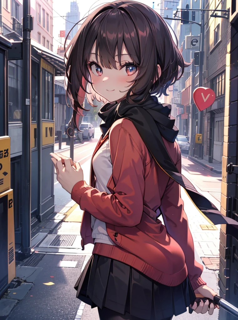 1 girl, alone, black hair,short hair,red eyes, looking at the viewer, blush,smile, , heart   1 girl, T-back, Megumin,  school uniform,Black sailor suit,white scarf,Red cardigan,Black pleated skirt,Gray pantyhose,Schoolback,city,walking,Coming to school,(masterpiece:1.2), highest quality, High resolution, unity 8k wallpaper, (figure:0.8), (beautiful and fine eyes:1.6), highly detailed face, perfect lighting, Very detailed CG, (perfect hands, perfect anatomy),