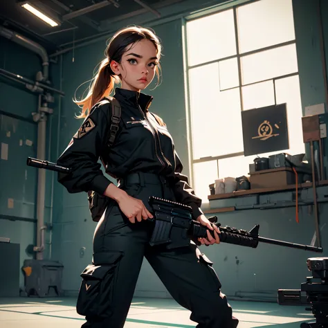 ((best quality)), ((masterpiece)), (detailed), (perfect face) , A fierce (female agent )1.2 in a standing position, wearing (black cargo pants)1.4, (black shirt)1.2, (obscured face)1.3, analog style nofilter selfie, posing in an (indoor training area)1.2, ...