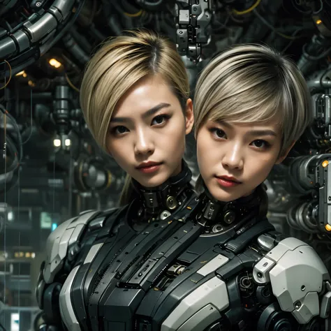 best resolution, 2heads, asian cyborg woman with two heads, pixie cut, ponytail, blonde hair, futuristic jacket, mechanical back...