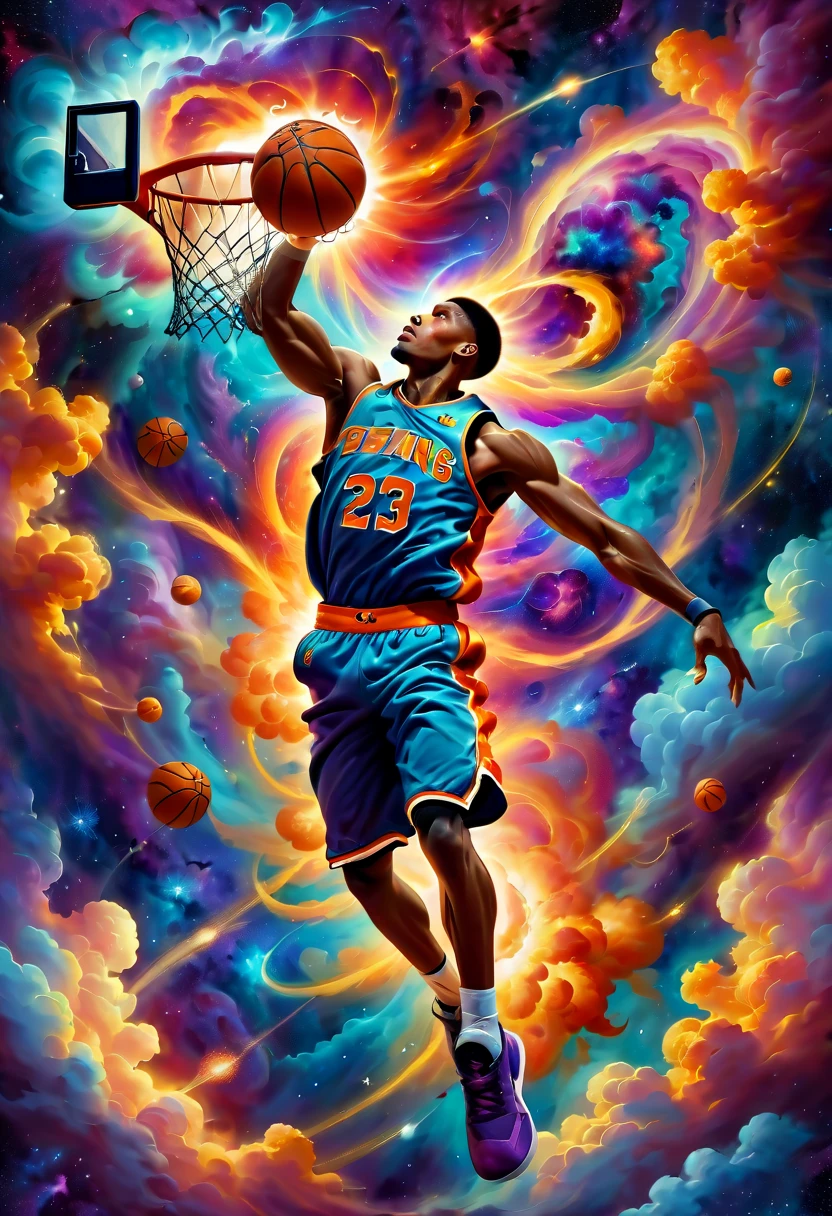 (aro:1.5), Crie uma pintura a óleo expressiva retratando um jogador de basquete mergulhando, retratado como uma explosão de uma nebulosa. O jogador de basquete deve ser capturado em uma pose dinâmica e poderosa, meio enterrada, com o corpo e o movimento fundindo-se perfeitamente nas nuvens cósmicas vibrantes e coloridas de uma nebulosa. A cena geral deve transmitir uma sensação de energia, movimento, e grandeza, à medida que o ato de mergulhar é artisticamente transformado em um evento cósmico espetacular. A pintura deve usar cores vivas e pinceladas dramáticas para enfatizar a natureza explosiva e celestial da cena..