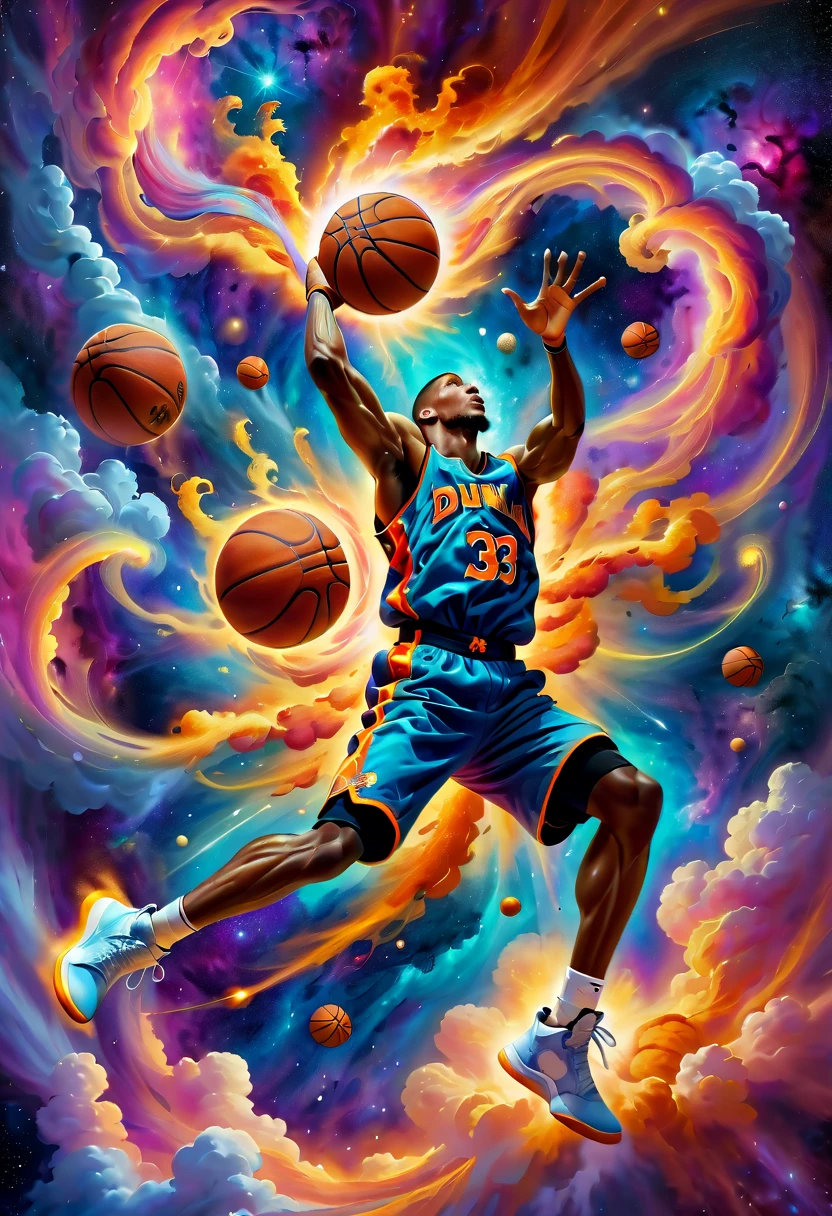 (aro:1.5), Crie uma pintura a óleo expressiva retratando um jogador de basquete mergulhando, retratado como uma explosão de uma nebulosa. O jogador de basquete deve ser capturado em uma pose dinâmica e poderosa, meio enterrada, com o corpo e o movimento fundindo-se perfeitamente nas nuvens cósmicas vibrantes e coloridas de uma nebulosa. A cena geral deve transmitir uma sensação de energia, movimento, e grandeza, à medida que o ato de mergulhar é artisticamente transformado em um evento cósmico espetacular. A pintura deve usar cores vivas e pinceladas dramáticas para enfatizar a natureza explosiva e celestial da cena..