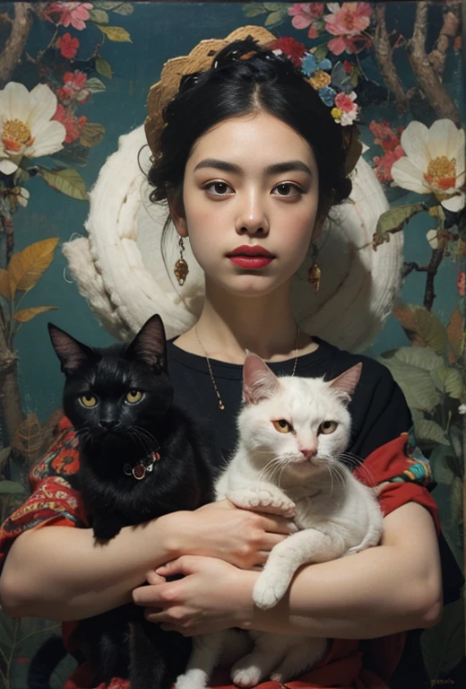 painting of a woman with two cats in her arms, inspired by Kahlo, frida, inspired by Frida Kahlo, inspired by Vladimir Tretchikoff, by Nil Gleyen, chie yoshii, by Frida Kahlo, by Galen Dara, by Virginia Lee Burton, with cats on her side, by Jeka Kemp, by Juan O'Gorman