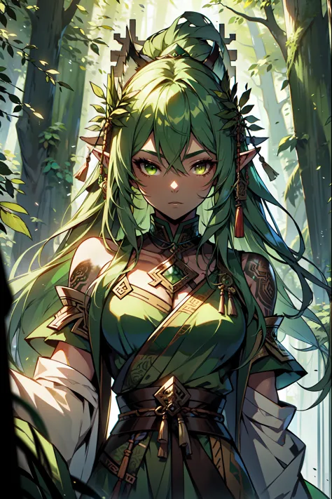 The facial features are clear and three-dimensional，Masterpiece，Highest quality，Sexy elven female，Green hair，bronze skin，Oriental face，Oriental beauty，Wearing a wolfskin coat，Danfeng Eyes，hunters，bow and arrows，archer，Indian civilization，shaman，Totem tatto...