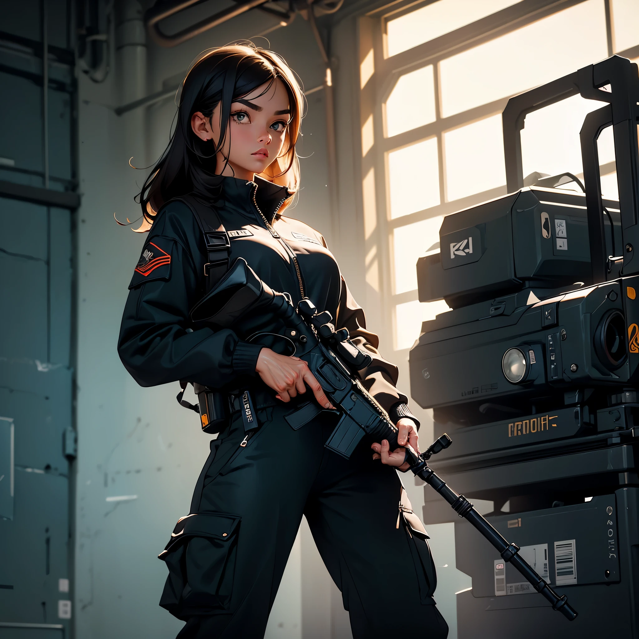 ((best quality)), ((masterpiece)), (detailed), (perfect face) , A fierce (female agent )1.2 in a standing position, wearing (black cargo pants)1.4, (black shirt)1.2, (obscured face)1.3, analog style nofilter selfie, posing in an (indoor training area)1.2, (backlit)1.2, (film grain)1.2, cinematic movie still frame, black sneakers with white soles, various equipment in the background, insane detailed eyes, she holding a rifle,