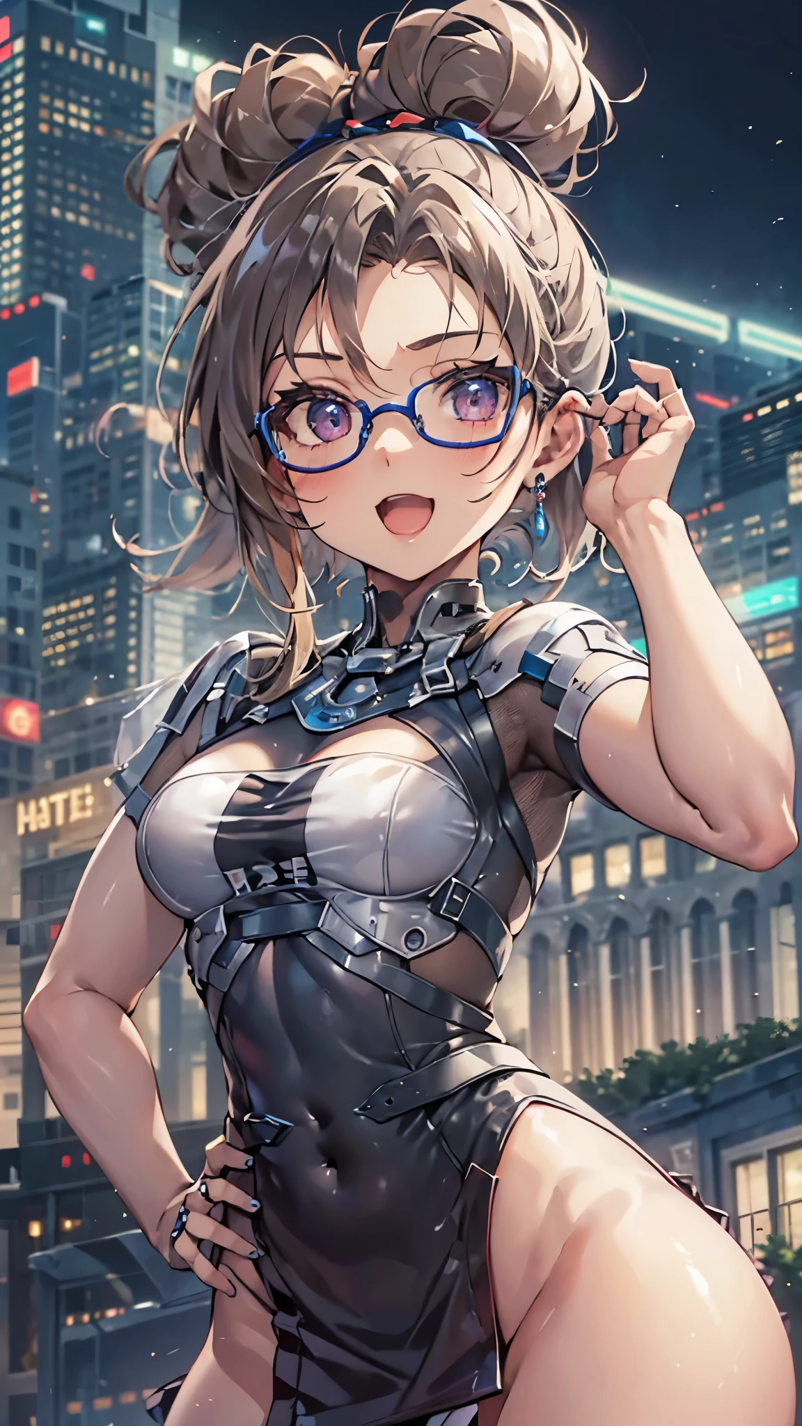 woman,14 years old,,city,night,(((tight mini skirt bodysuit))),,open mouth smile((See-through))glasses,((beautiful long ponytail)),((Baby girl body shape))