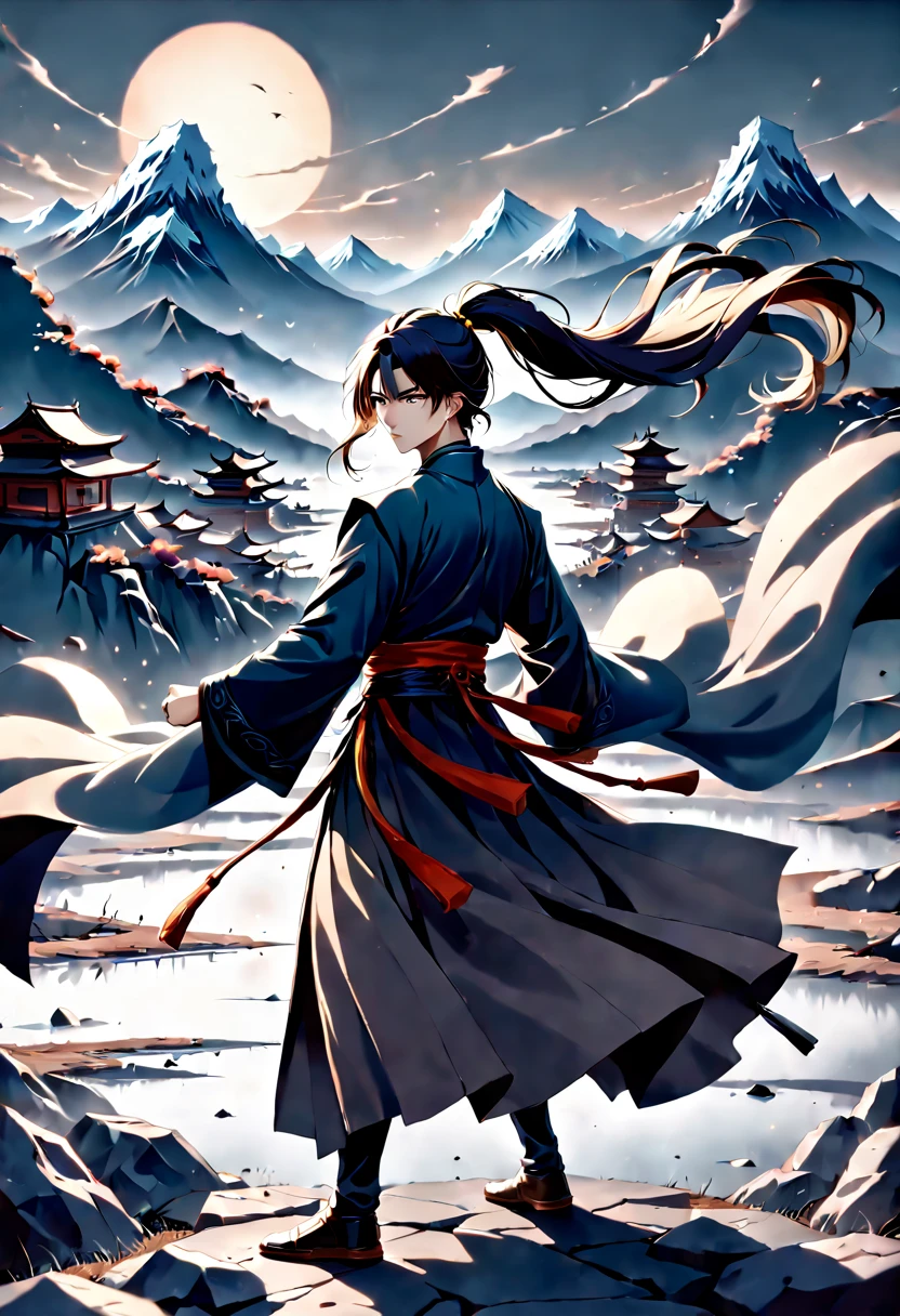 SFW, masterpiece, ground level shot, extreme long shot, highly detailed, best quality, scene of a  emperor boy with long dark hair showcasing martial arts, 1boy, solo, fierce eyes, chinese clothes, long ponytail, long hair, black hanfu clothing, black hair, bangs, brown eyes, sash, flowing clothes, mountains landscape, fantasy theme, xianxia theme, cold color, key light, particles effect, fighting movement effect, ray tracing, depth of field, 8k,