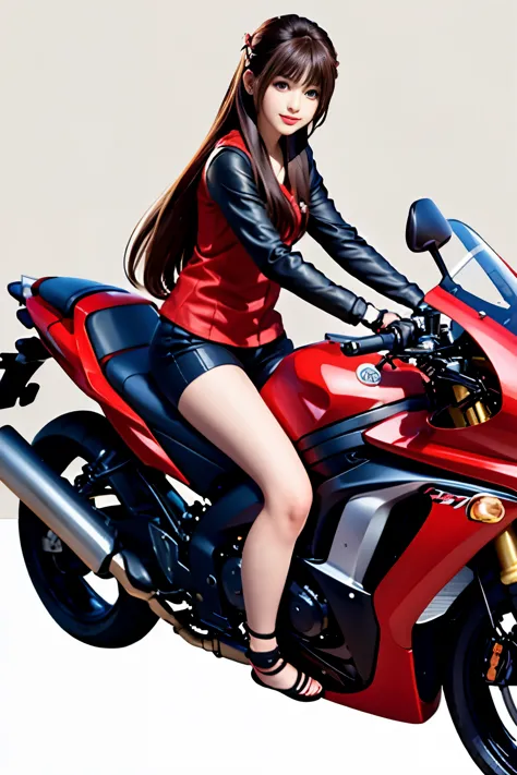 Japan  riding motorcycle,Happy!!!, , motorcycle,[ realistic pictures ]!!, High resolution,No sleeve、白いパンティが見えているarafed woman in red shirt sitting on a black motorcycle, person riding a bike, motorcycle, realistic artstyle, ultra detail. digital painting, s...