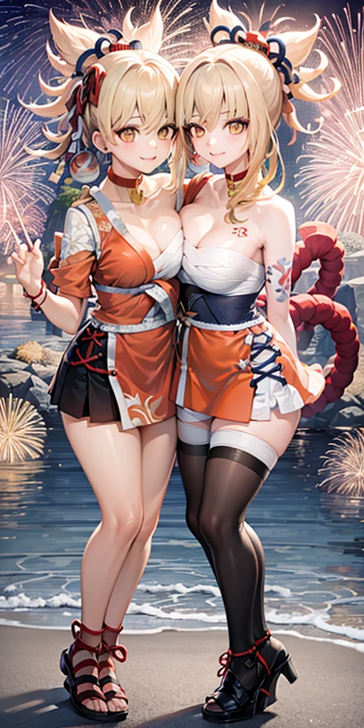 2 girls smile sea. Their breasts are close together. They are clearly holding each other’s waist with their left hands. They are standing side by side at the same height.