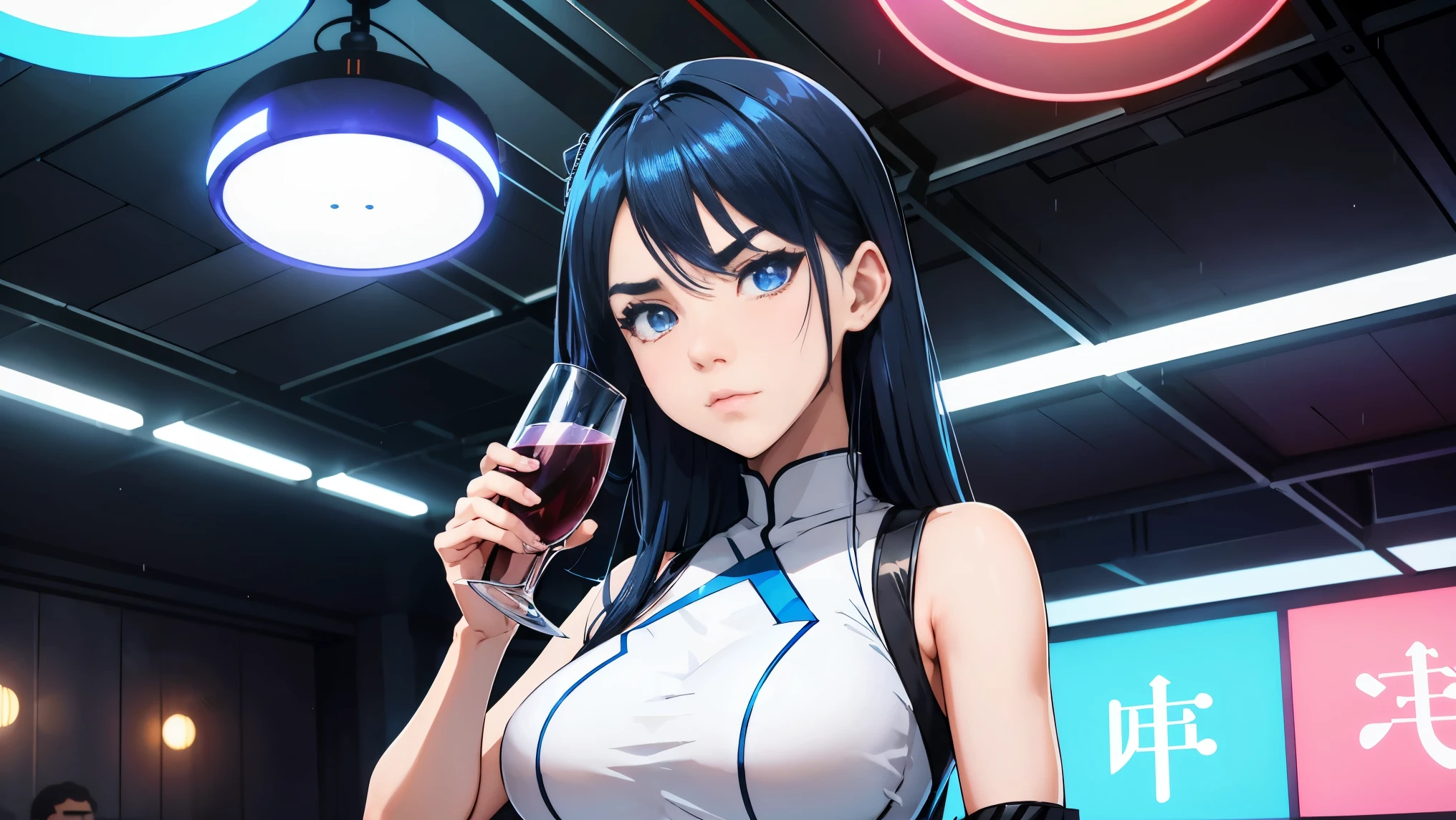 Anime girl with long black hair holding a glass of wine - SeaArt AI