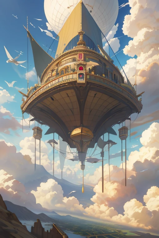 Vor dem Hintergrund der Berge befindet sich ein großes Flugobjekt am Himmel, Stadt schwebt über den Wolken, Stadt im Himmel, Schloss im Himmel Stil, steampunk Luftschiffs fly overhead, flying Luftschiffs, Luftschiff in the sky, Luftschiff in steampunk, fliegendes Wolkenschloss, Glamouröses Raumschiffgemälde, schwebender Palast im Himmel, Luftschiff,Stadt im Himmel,Mediterranes Stadtbild,Durch Brücken verbundene Straßen,Wasserwege sind aufgereiht