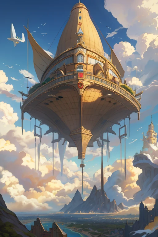 Hay un gran objeto volador en el cielo contra el fondo de las montañas., ciudad flotando sobre las nubes, Ciudad en el cielo, castillo en el estilo del cielo, steampunk dirigibles fly overhead, flying dirigibles, dirigible in the sky, dirigible in steampunk, castillo de nubes voladoras, Cuadro glamoroso de nave espacial, palacio flotante en el cielo, dirigible,Ciudad en el cielo,Paisaje urbano mediterráneo,Calles conectadas por puentes,los canales están alineados