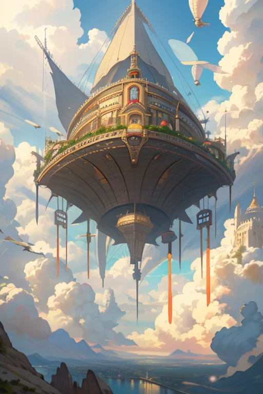 There is a large flying object in the sky against the background of mountains, City floating above the clouds, City in the sky, castle in the sky style, steampunk blimps fly overhead, flying blimps, blimp in the sky, blimp in steampunk, flying cloud castle, Glamorous spaceship painting, floating palace in the sky, blimp,City in the sky,mediterranean cityscape,Streets connected by bridges,waterways are lined up