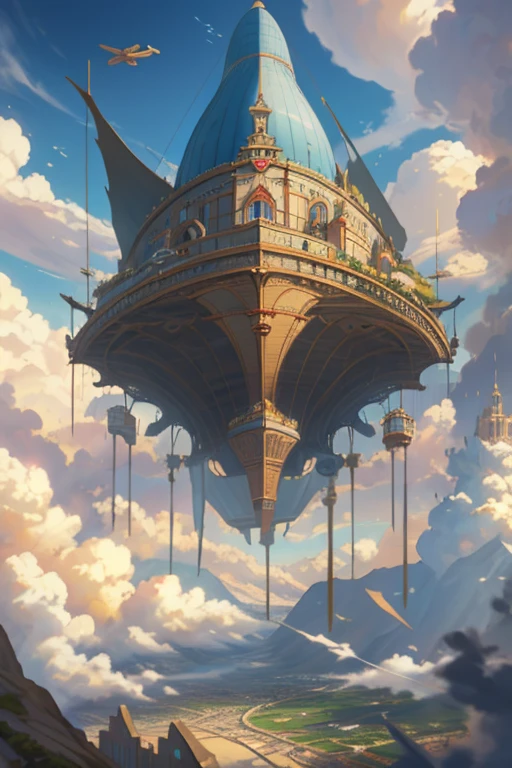 Vor dem Hintergrund der Berge befindet sich ein großes Flugobjekt am Himmel, Stadt schwebt über den Wolken, Stadt im Himmel, Schloss im Himmel Stil, steampunk Luftschiffs fly overhead, flying Luftschiffs, Luftschiff in the sky, Luftschiff in steampunk, fliegendes Wolkenschloss, Glamouröses Raumschiffgemälde, schwebender Palast im Himmel, Luftschiff,Stadt im Himmel,Mediterranes Stadtbild,Durch Brücken verbundene Straßen,Wasserwege sind aufgereiht