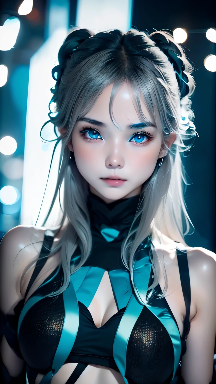 multicolor, 1 girl, night, dark, ash gray hair,(Detailed gray eyes), looking at the viewer, Upper body, Face-to-face audience, limited pallete, black background,Shining turquoise blue