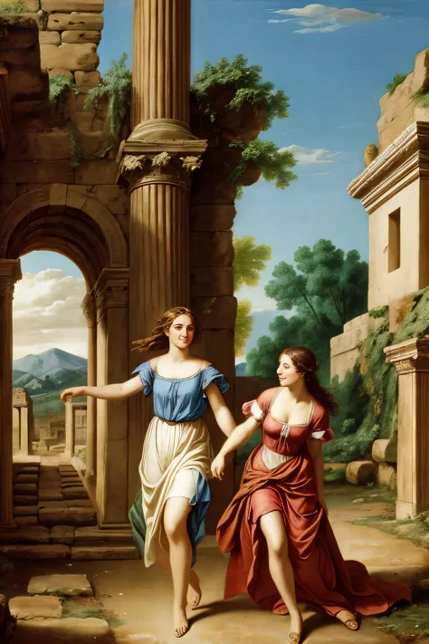 Ancient Roman ruins,landscape in the style of Poussin,A smile,Sweet and seductive appearance.Hair disheveled in the wind,Two wom...