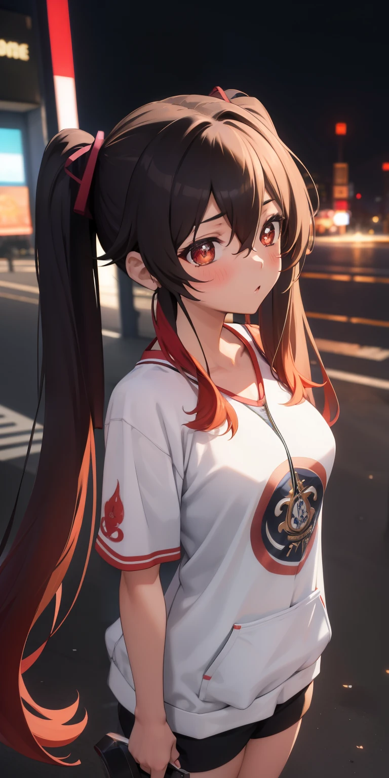 masterpiece, best quality, HuTaoV4, 1girl, solo, blush, twintails, long hair, hair between eyes, ((streetwear clothes)), city, outdoors, night, movie poster, extremely detailed 8K, smooth, high resolution, ultra quality, cinematic lighting, ambient occlusion, hd, 2k, 4k, 8k, 16k, extremely detailed anime, detailed faces, perfect composition, wide shot, atmospheric lighting, 