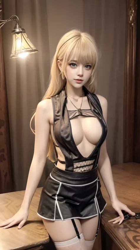 (super detailed eyes), (((Textile shading))), (((best quality))), (((on the table))), (((Super detailed CG))), fashionable girl, (((magic ))), (), (small breasts), Long blonde hair with bangs, Weird haircuts, ((Gorgeous hair)), pink eyes, (((Skeleton style...