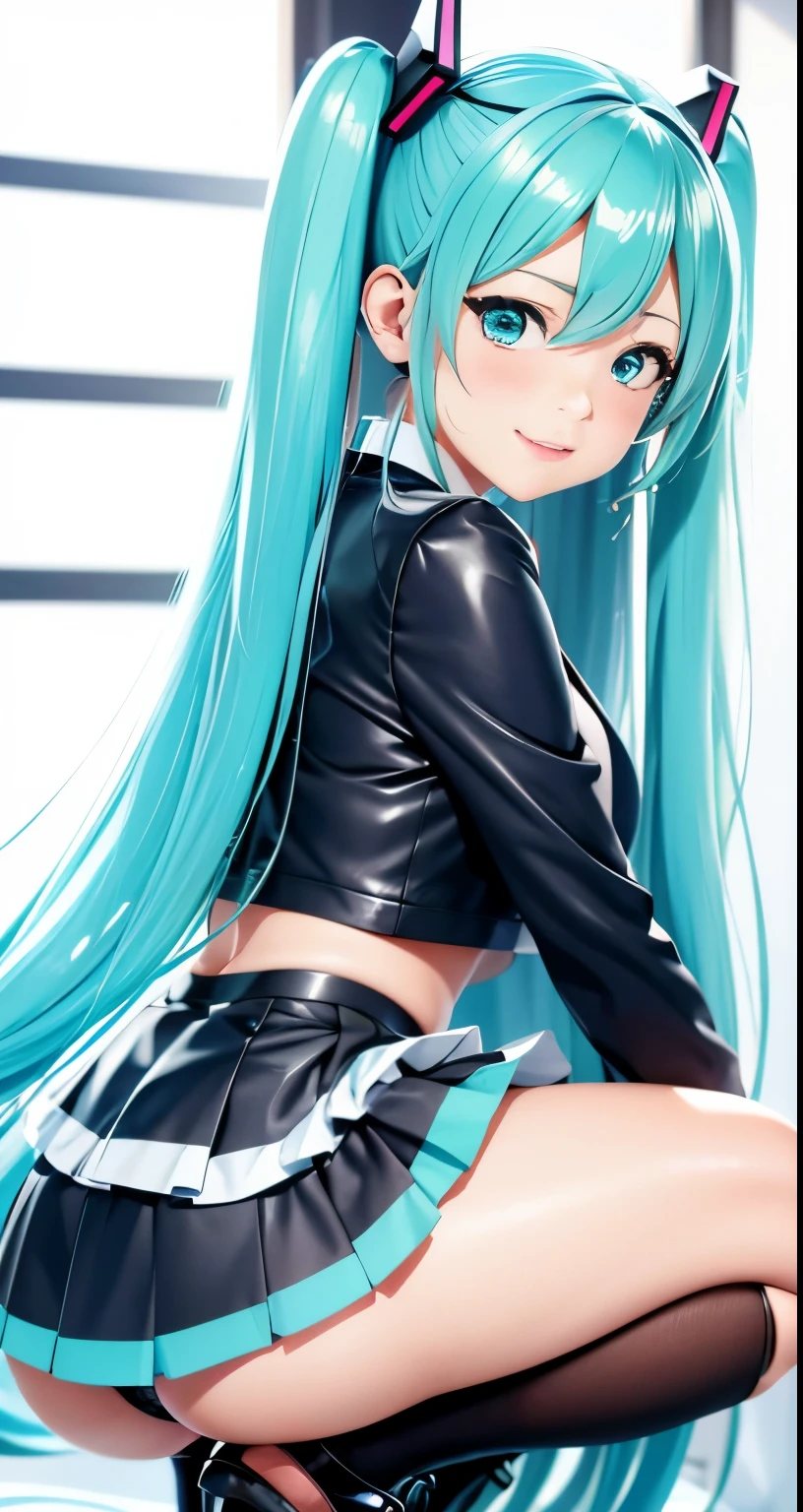 Hatsune Miku、Anime-Mädchen mit langen Haaren und einer Waffe in der  Hand,Shimashima-Höschenがよく見える、Hatsune Miku、Hocken、Beine spreizen、Unterhose  zeigen,Super Minirock、緑と白のShimashima-Höschen、Vom Minirock bis zum  C-Kantai-Collection-Stil ...