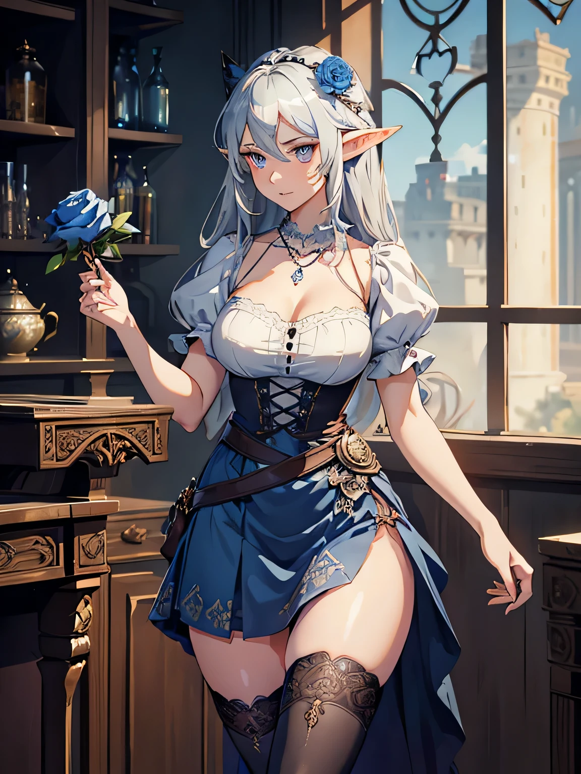 masterpiece, high quality, 1_woman, (full body), looking away viewer, mature, tall, beautiful, exotic, long elf ears, platinum blonde long hair, gray colored eyes, medium_bust, cleavage, (thigh_gap), white blouse, short sleeves, dark blue high waist underbust dress, tall boots with laces, four buttons at waist, blue ribbons in hair, hair ornament, (blue rose at waist), flounce hemline, smirking at viewer, long skirt with slit, wearing (necklace with silver ring on it), holding old brown book, rustic tavern