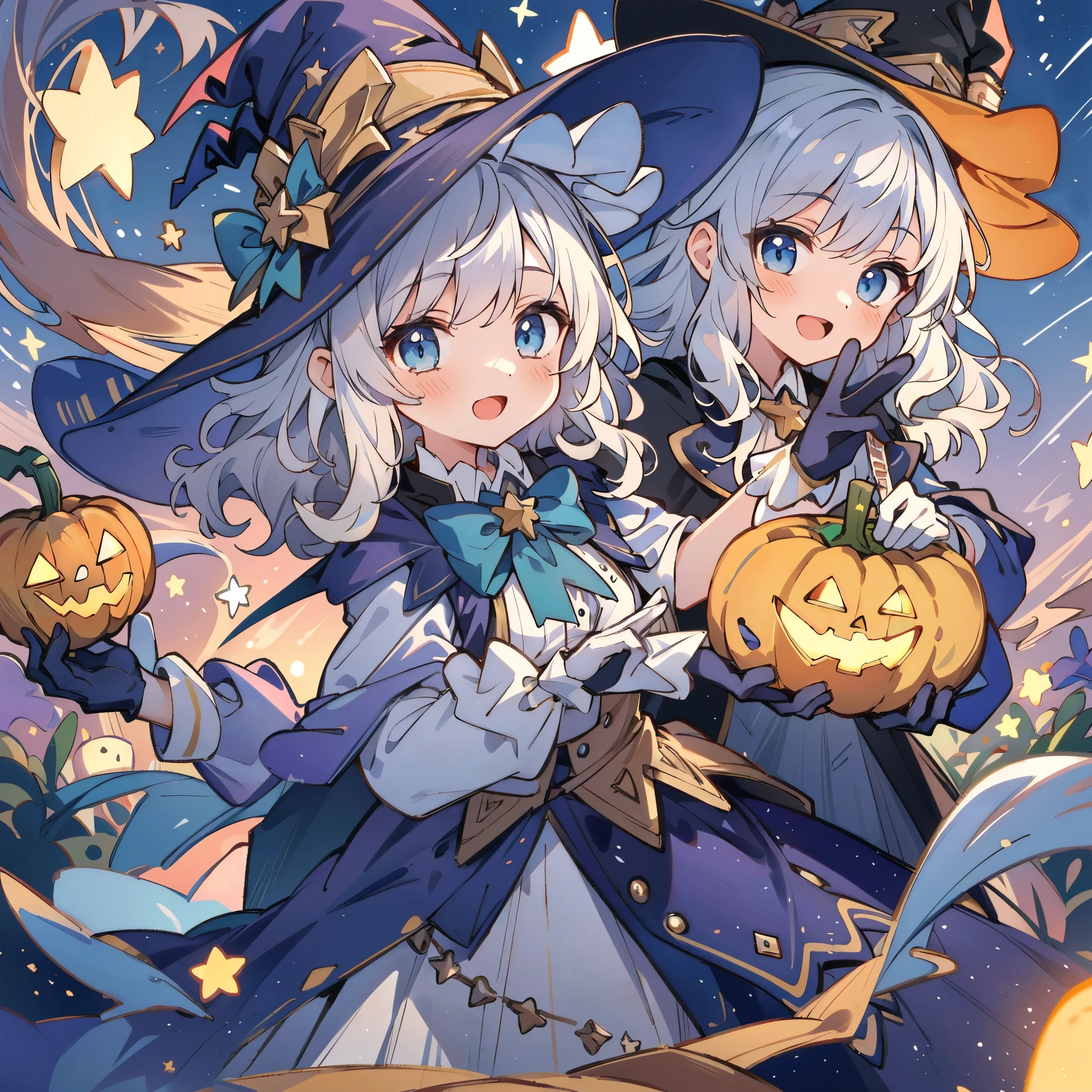 Two anime girls dressed in witches costumes holding pumpkins - SeaArt AI