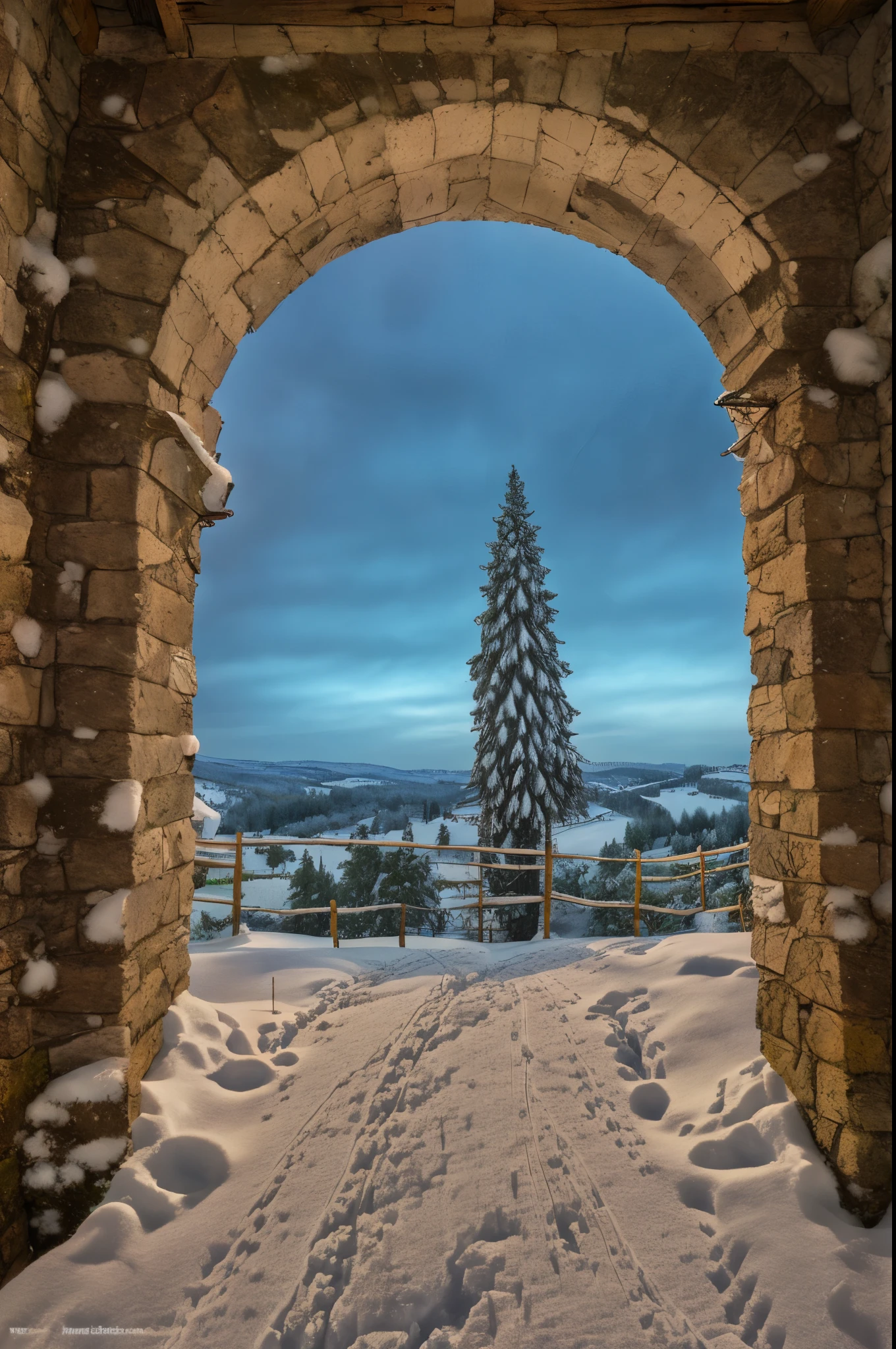 A view of the countryside seen through a stone arc, medieval ambient, (medieval era: 1.2), balanced light, (winter: 1.3), (snow: 1.3), (snow on trees: 1.5), cold color balance, cypress tree, italy