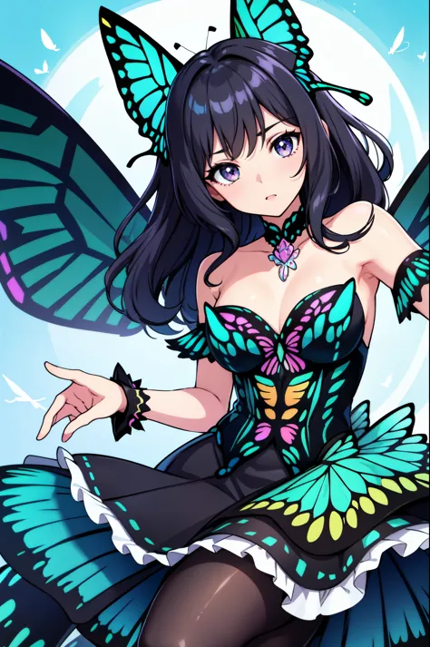1girl, (butterfly ears:1.1), (dark teal hair), (wavy hair), (medium hair), (turquoise-silver eyes), (dynamic pose), (colorful idol costume), (frilly skirt), (black pantyhose), (butterfly wings:1.3), (dynamic angle), more_details:-1, more_details:0, more_de...