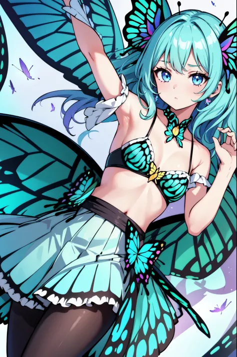 1girl, (butterfly ears:1.1), (teal hair), (wavy hair), (medium hair), (turquoise-silver eyes), (dynamic pose), (colorful idol costume), (frilly skirt), (black pantyhose), (butterfly wings:1.3), (dynamic angle), more_details:-1, more_details:0, more_details...