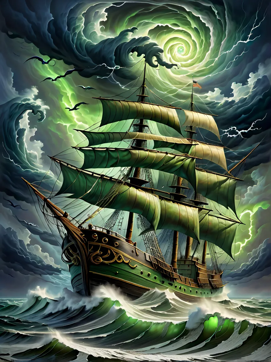 A detailed oil painting，((Depicts an old captain steering his ship through a storm))。Salt water splashed on his weathered face，H...
